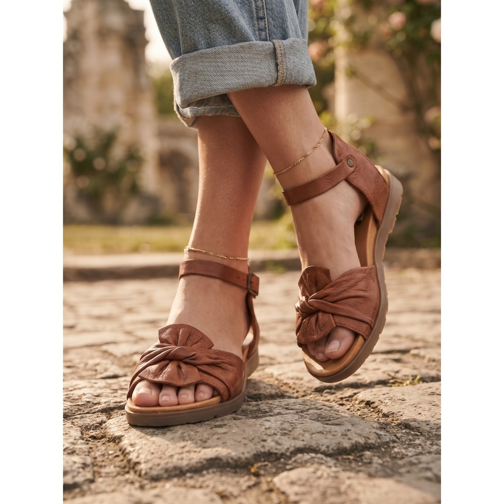 Miz Mooz Dory Brown Leather Knotted Bow Flat Ankle Strap Sandals 37 US 6.5-7